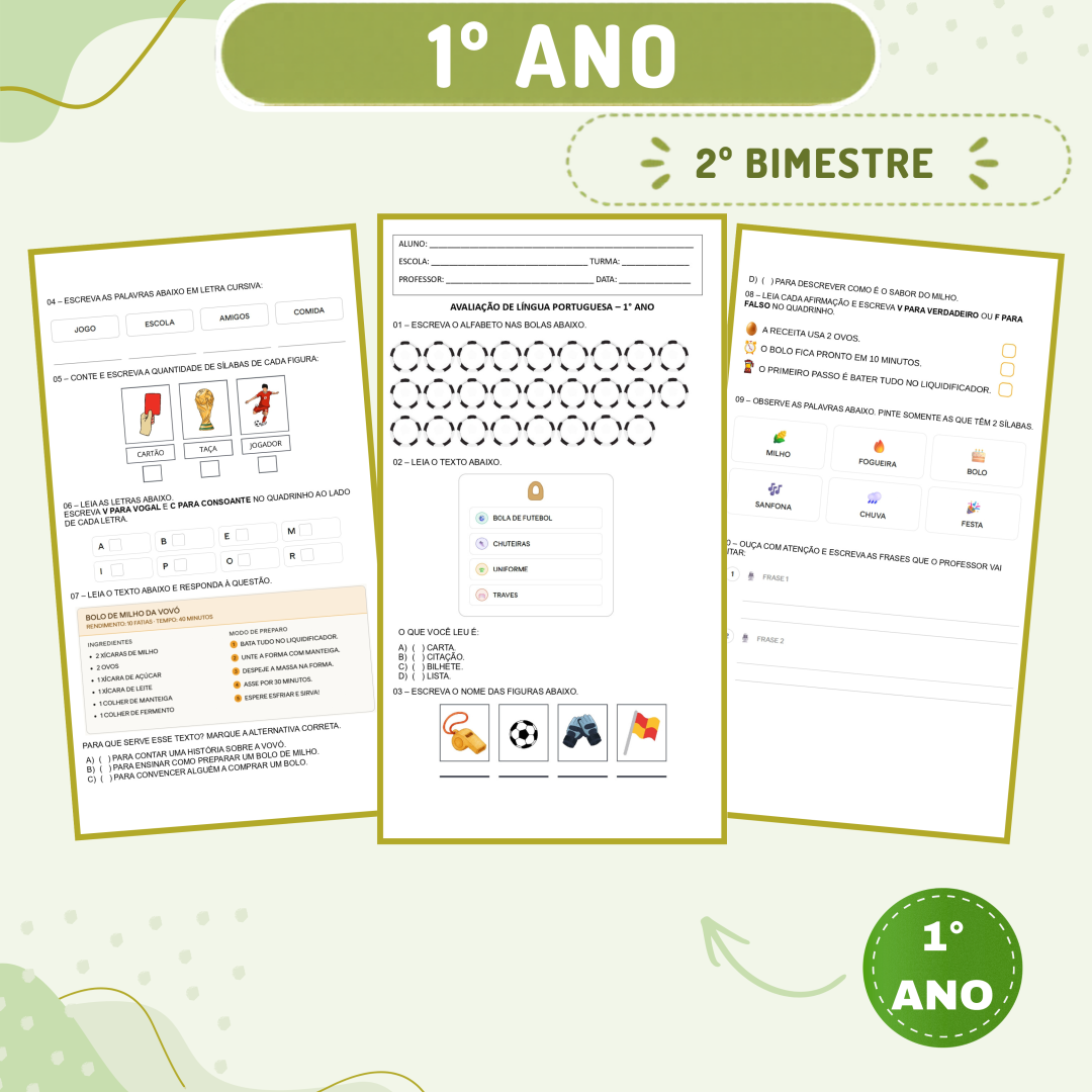1° ano - Avaliação 2026 - 2° bimestre - Todas as disciplinas