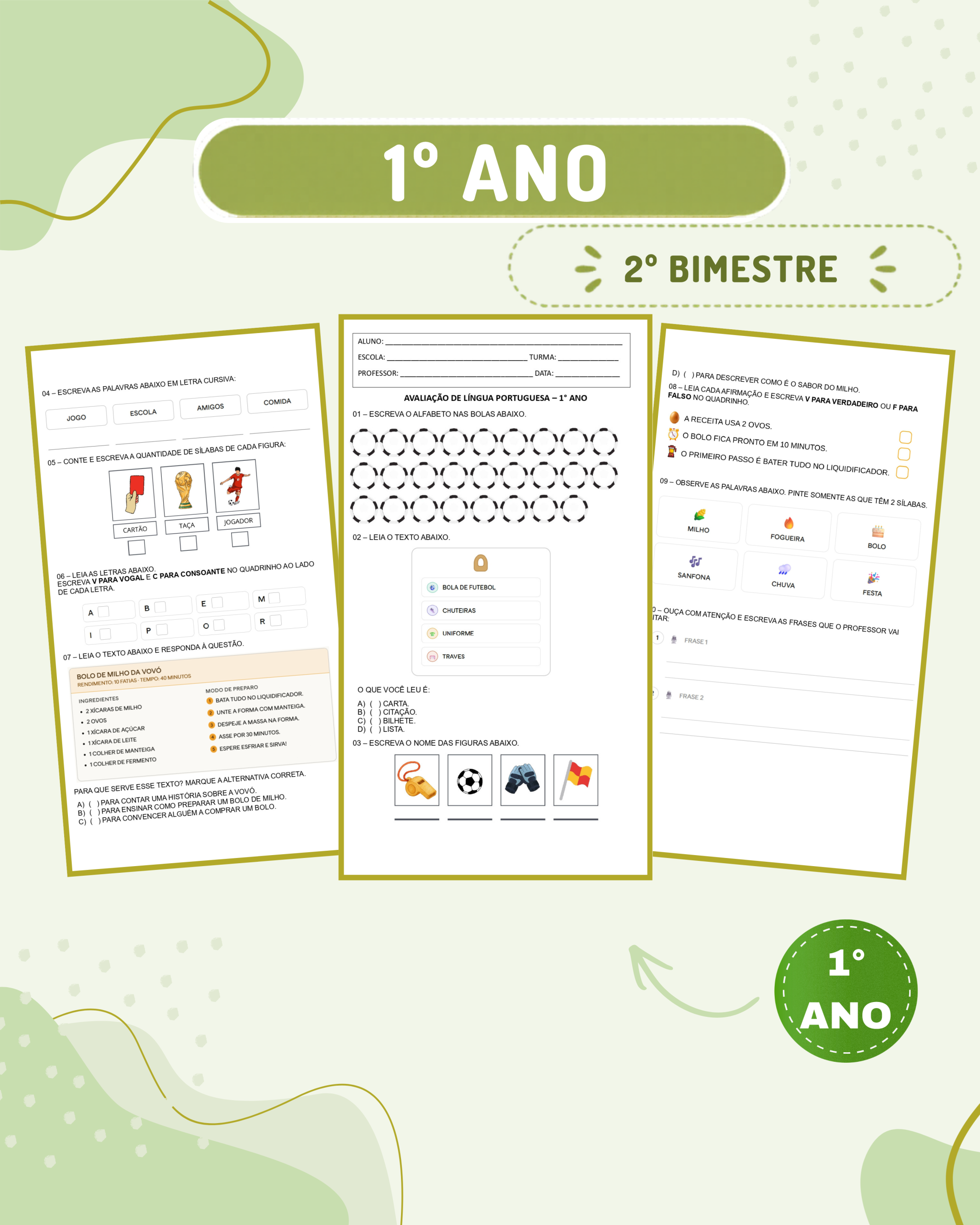 1° ano – Avaliação 2026 – 2° bimestre – Todas as disciplinas