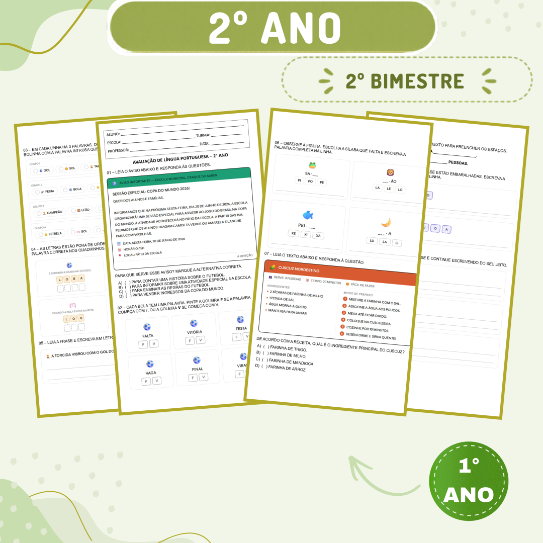 2° ano - Avaliação 2026 - 2° bimestre - Todas as disciplinas