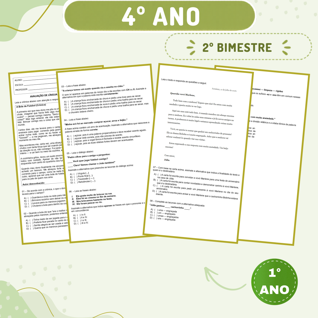 4° ano - Avaliação 2026 - 2° bimestre - Todas as disciplinas