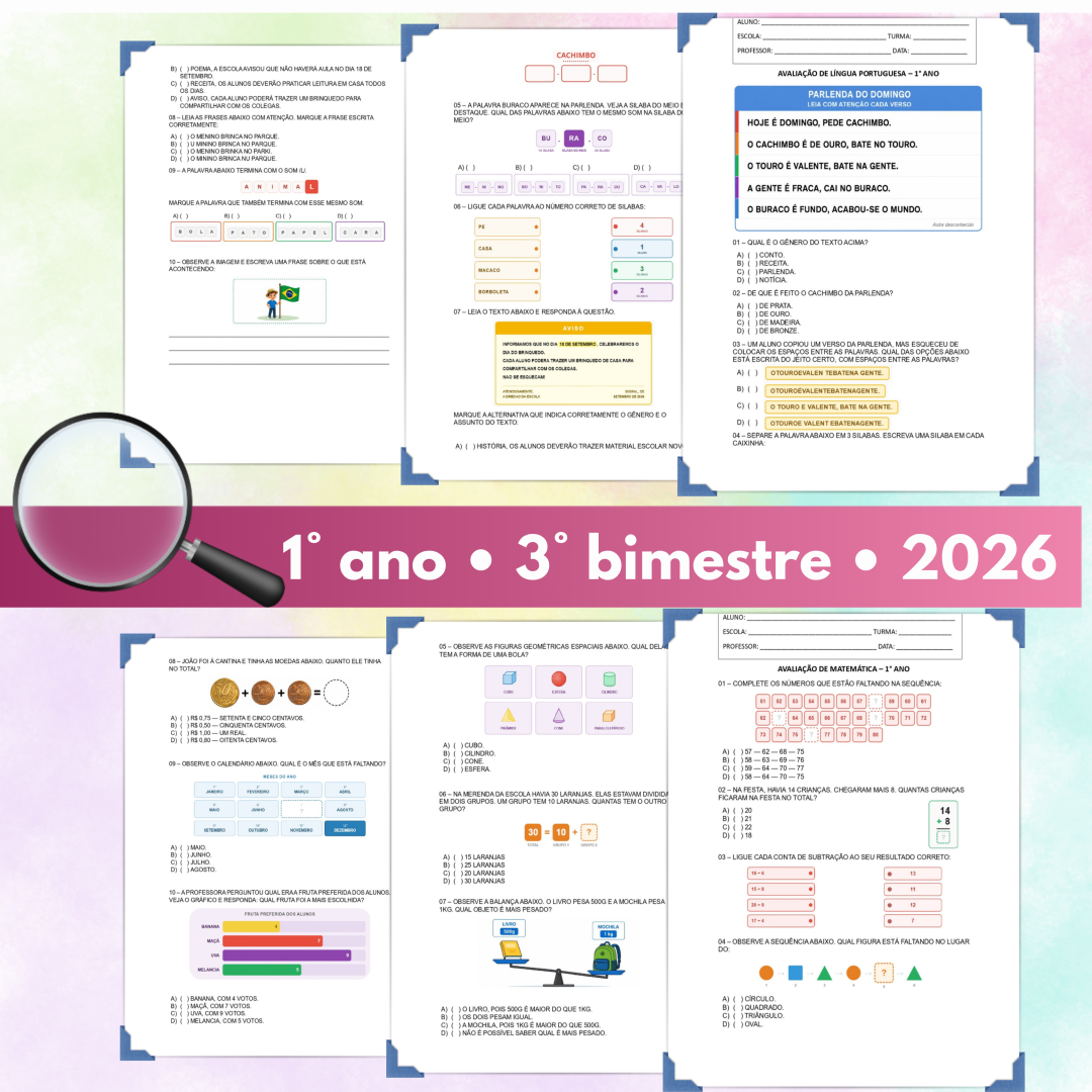 1° ano - Avaliação 2026 - 3° bimestre - Todas as disciplinas